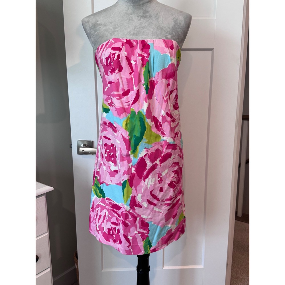Lilly Pulitzer Pink Floral Strapless Silk Blend Mini Dress Size 2 Sheath Rose